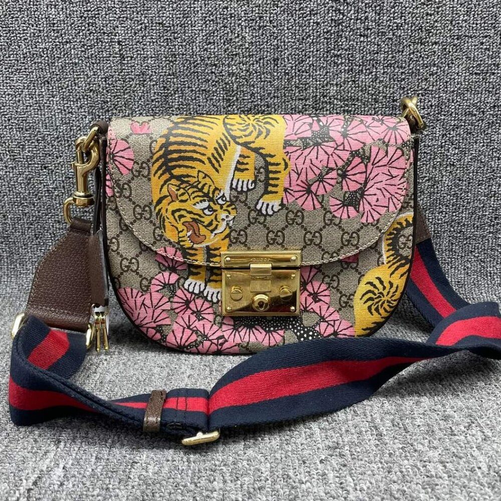 100% Authentic GUCCI Padlock Brown Bengal Canvas Shoulder Bag - Picture 1 of 15